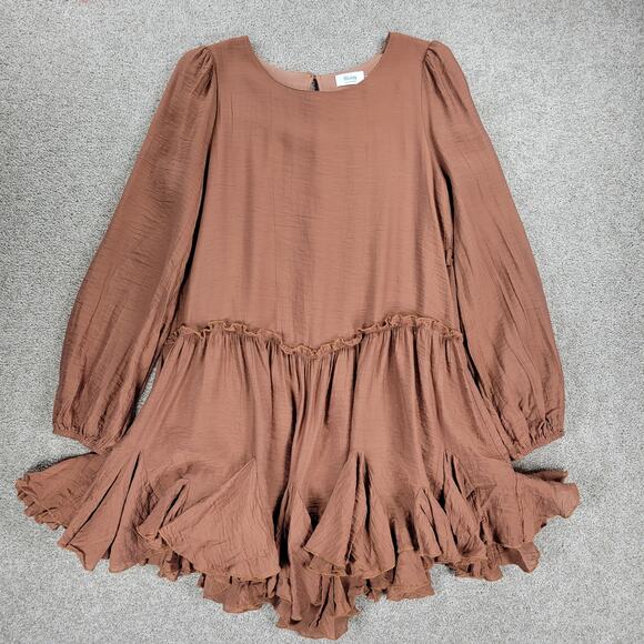 Bluivy Swing Dress Youth Medium Brown Ruffle Trim Fit & Flare Mini Lined Flowy - Picture 1 of 15
